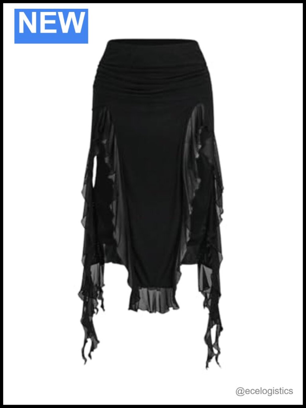Goth Midi Skirt Women's Ruched Asymmetrical Ruffle Hem Elastic Waist